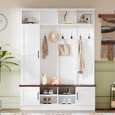 Bellemave® Versatile 3 - in - 1 Hall Tree with 6 Hooks, Farmhouse Walnut Storage Bench with Adjustable Shelves - Bellemave